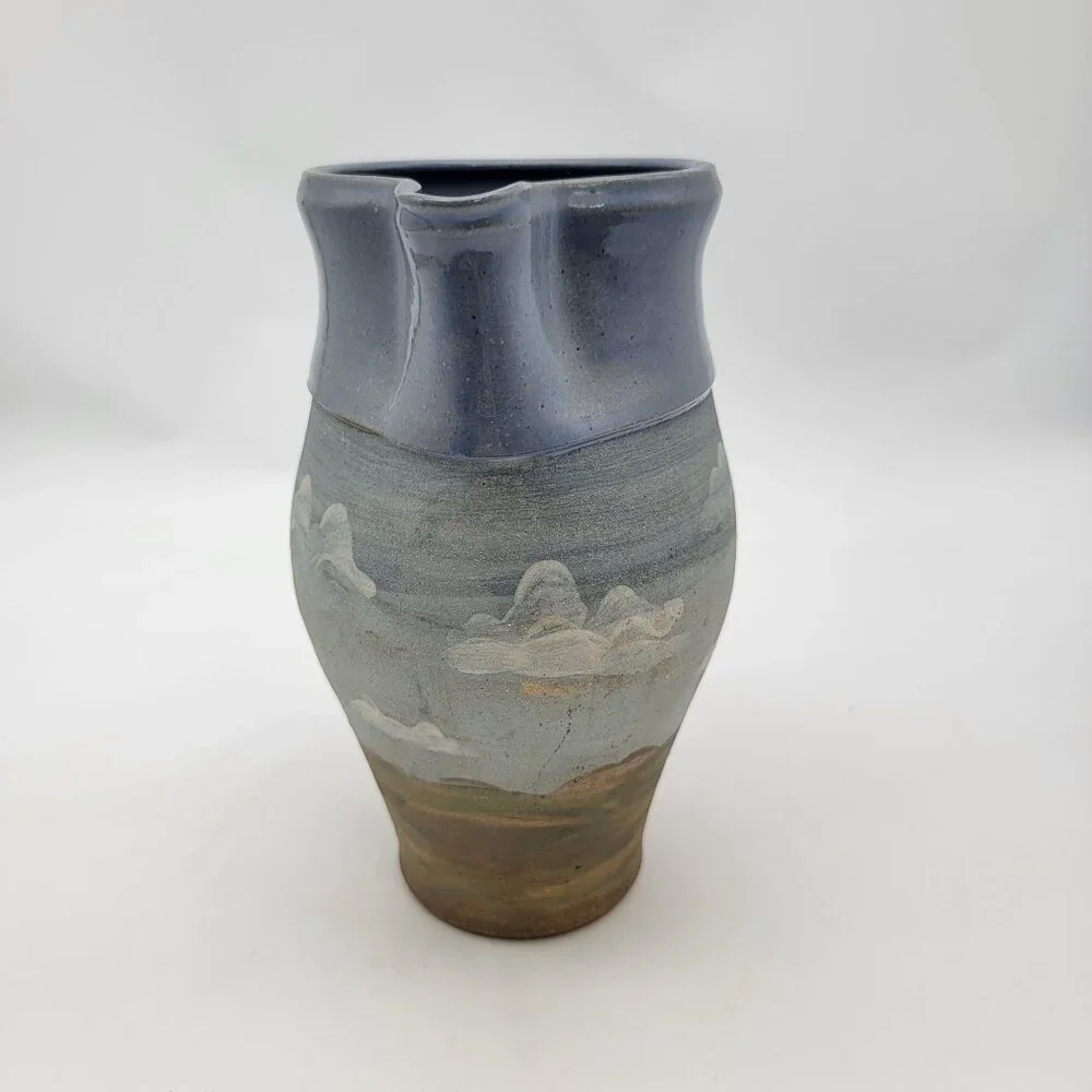 Vintage Handcrafted Pottery Pitcher With Scenic Landscape Design Signed G Tyson - Picture 2 of 8